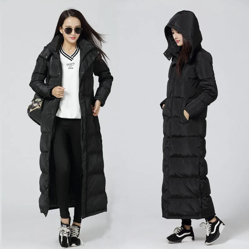 Черные пуховики, зимняя куртка для женщин, утолщенная, с капюшоном, женский пуховик, манто, Женская длинная куртка, женская теплая парка Макси C2729