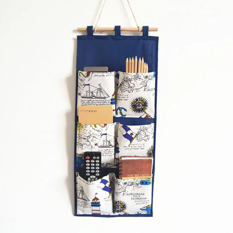 

Linen Cotton Fabric 6 Pockets Wall Door Closet Hanging Storage Bag Organizer For Bedroom Hook Cloth Pouch Office Magazine
