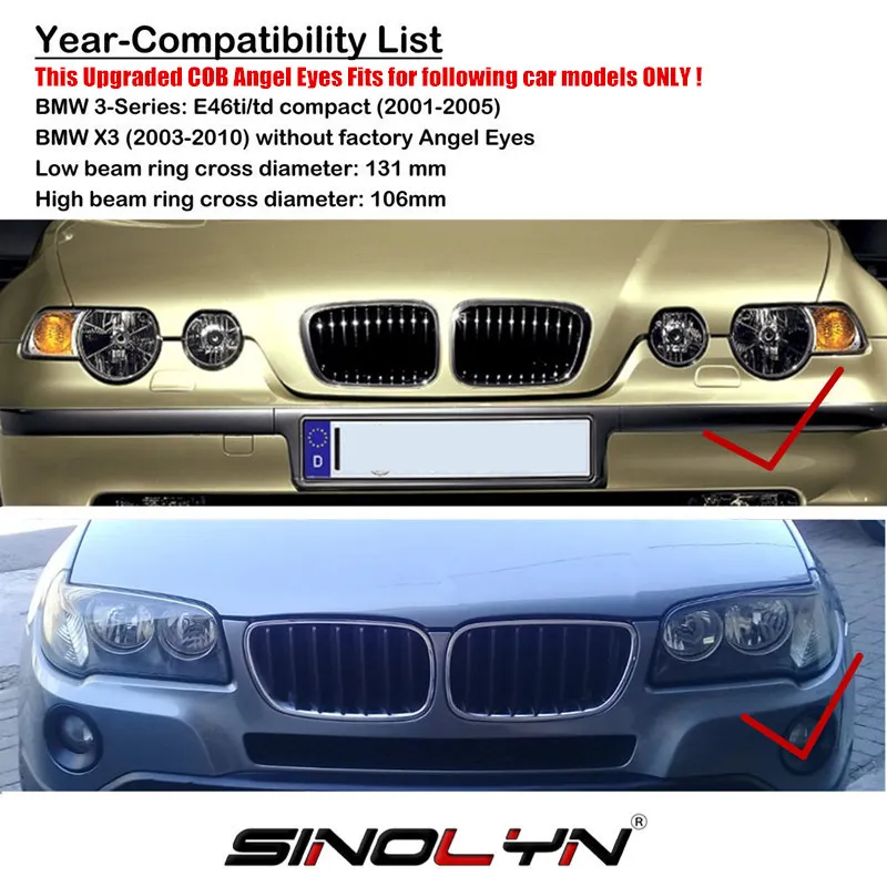 COB светодиодный комплект колец angel eyes Halo для BMW E90 E91 E83 X3 E46 ti/td компактный непроектор фары для автомобилей DIY модификация 131 мм+ 106 мм