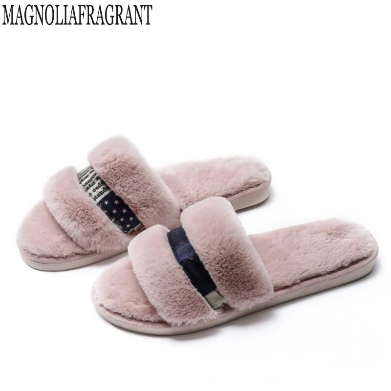 

2018 Flip Flops Winter Women Home Slippers with Faux Fur Fashion Warm Shoes Woman Slip on Flats Female Slides fur slides c129