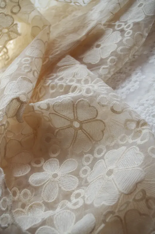 

cream organza lace fabric by the yard, cotton embroidered fabric lace, 5 yards