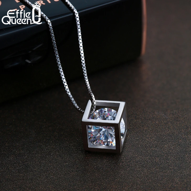 Effie Queen Fashion Square Cube Pendant Necklace For Women With AAA Zircon Shiny Crystal Stone Necklaces Jewelry Wholesale WN49
