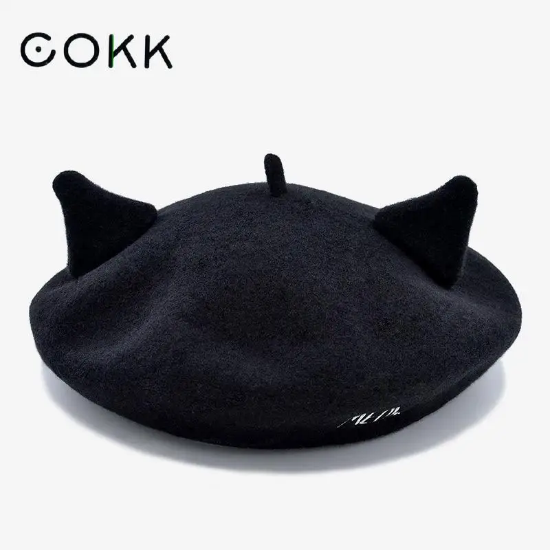 Берет COKK женский шерстяной Зимний берет с ушками плоская кепка из чистой шерсти в