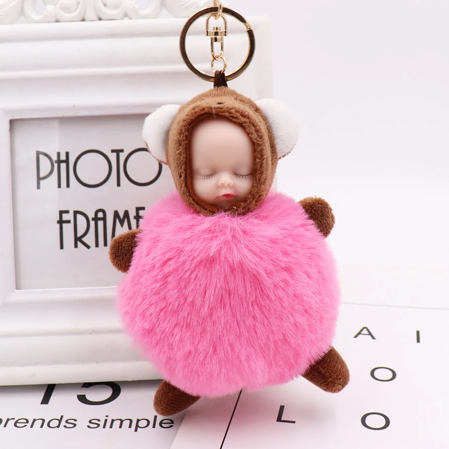 

lovely Sleeping Baby Doll Keychain Flower Pompom Rabbit Fur Ball Key Chain Fluffy Car Keyring porte clef Bag Key