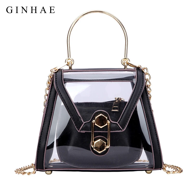 

2019 Famous Brand Women Transparent PVC Handbag High Quality PU Leather Patchwork Tote Bags Small Chain Crossbody Bags For Women