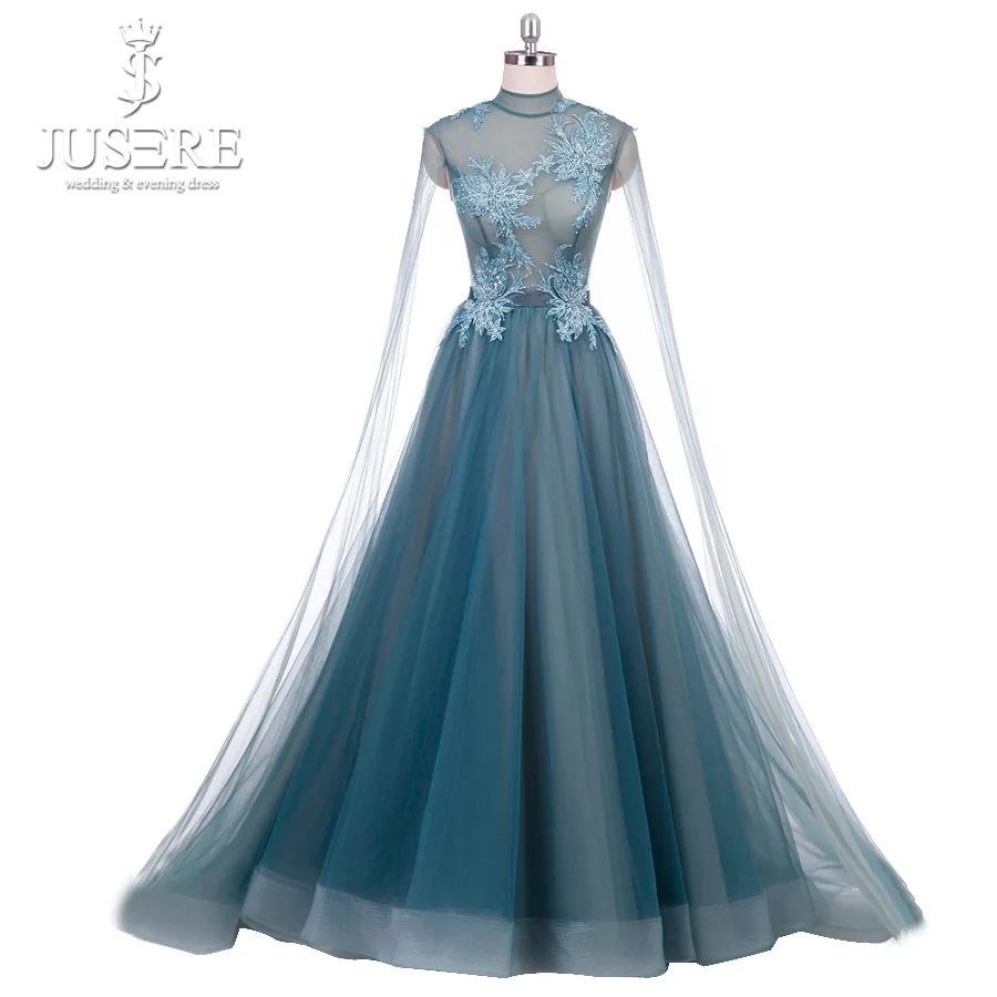 

Real Pic Cyan Blue Evening Dress High Neck Corset Back A line Tulle Prom Dress Beaded Appliques robe de soiree with Tail