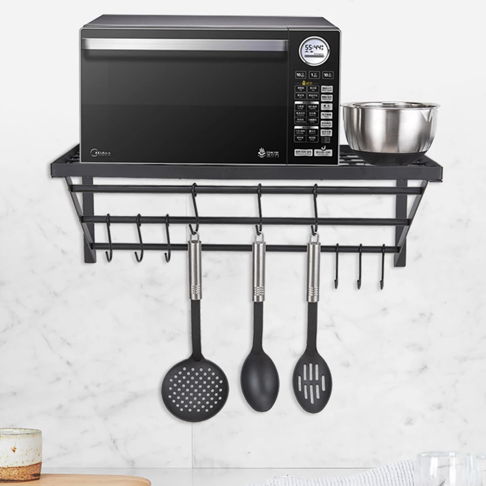  Kitchen wall mounted microwave oven rack 2 layer oven bracket kitchen storage rack hook seasoning h - 32911379704