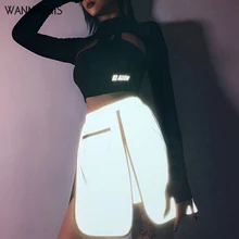 WannaThis Юбки Женские Светоотражающие Необычные молнии модная женская одежда в сплайсированные вечерние Клубные уличные плотная мини-юбка