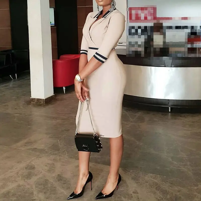 

Summer Office Dress Women Sexy African Fashion Work Stripe Robe Vintage Elegant Ladies High Waist Slim Business Bodycon Dresses