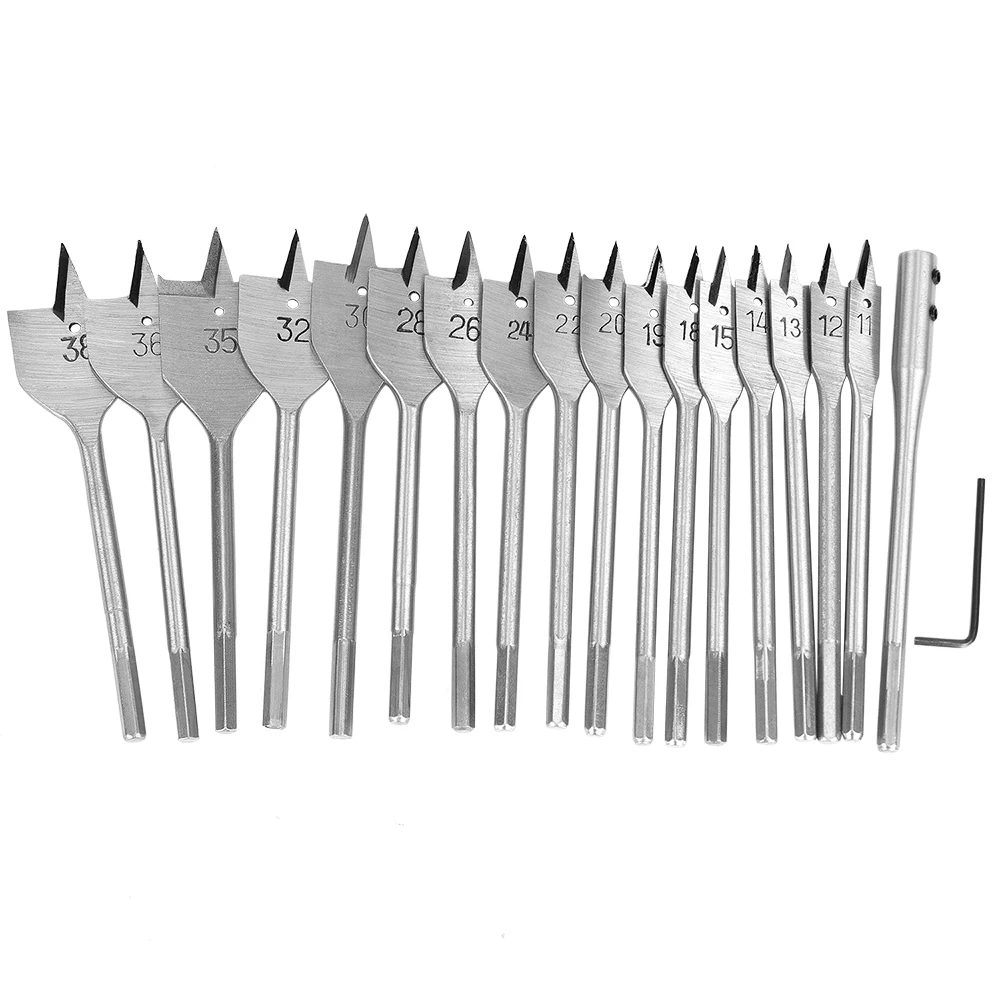 19Pcs 11 38mm Spade Drill Bit Set with Extended Rod High Speed Steel