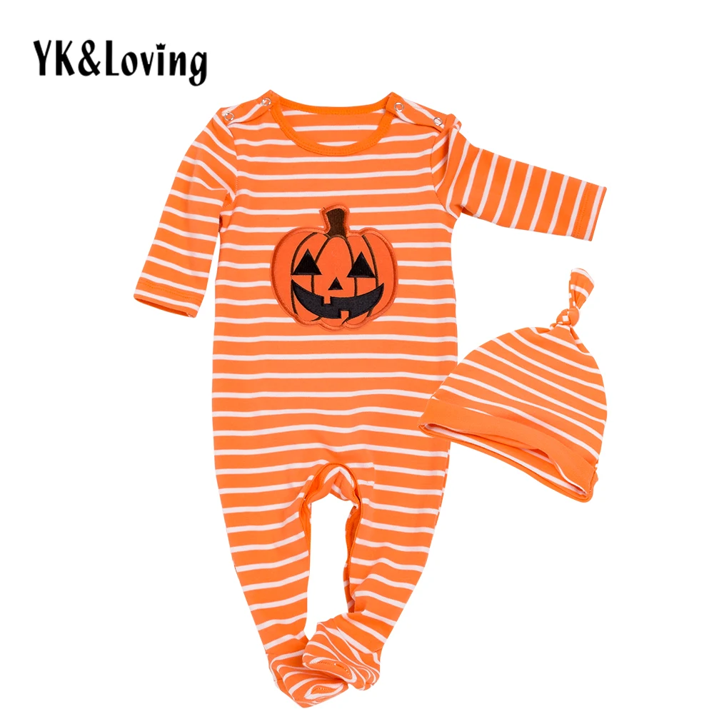 Halloween Baby Clothes Orange Striped Newborn Boy Romper Long Sleeve Cotton Toddler Jumpsuit