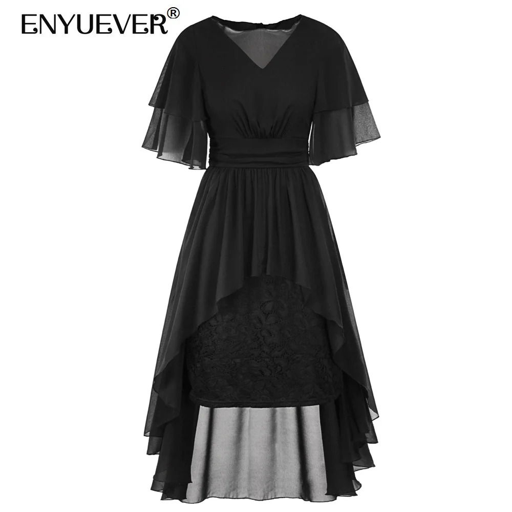 

Enyuever Plus Size Women Formal Dress Lace Chiffon Summer V Neck Sleeve Vestido Casual Female High Low Party Dress Streetwear