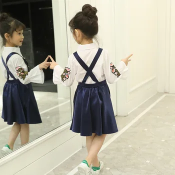 

2018 white blouse +strap dress 2 pieces kids girls clothing set 10 12 years old