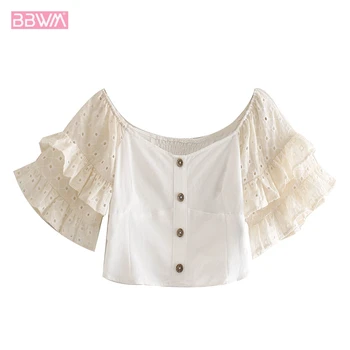 

2019 summer new retro casual laminated hollow collar short paragraph female shirt Single-breasted casual navel Women's top Round