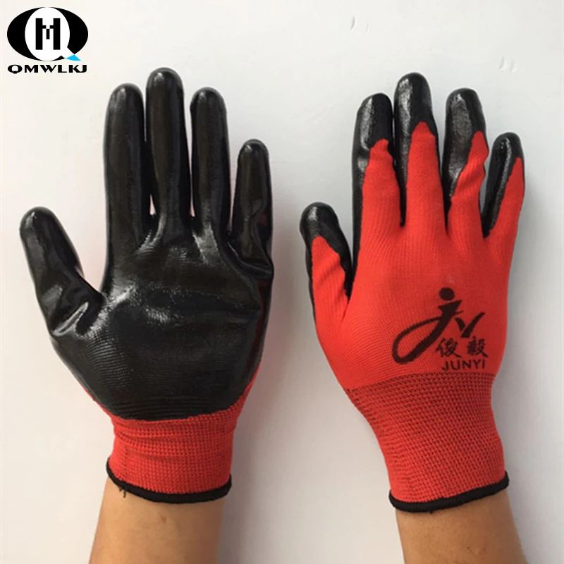 

Hot 13 pin heat-resistant non-slip gloves industrial nitrile woven red black work safety gloves comfortable and breathable