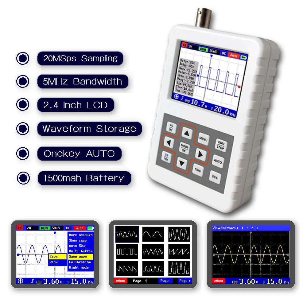 

2.4" LCD Digital Oscilloscope Portable 5M Bandwidth 20 MSps Sampling Rate DSO Fnirsi Pro Oscilloscope Kit with 1500Mah Battery