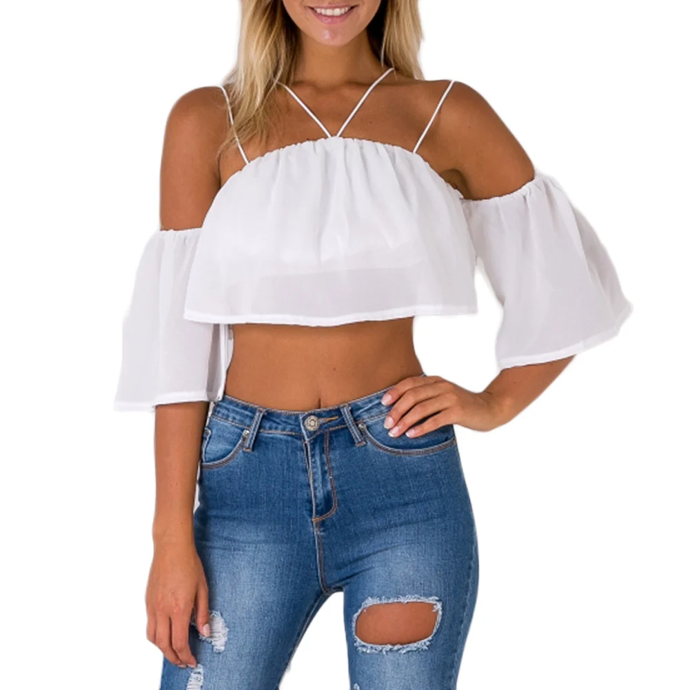 Sexy Fashion Women Loose Crop Top Solid Off Shoulder Backless Strappy ...