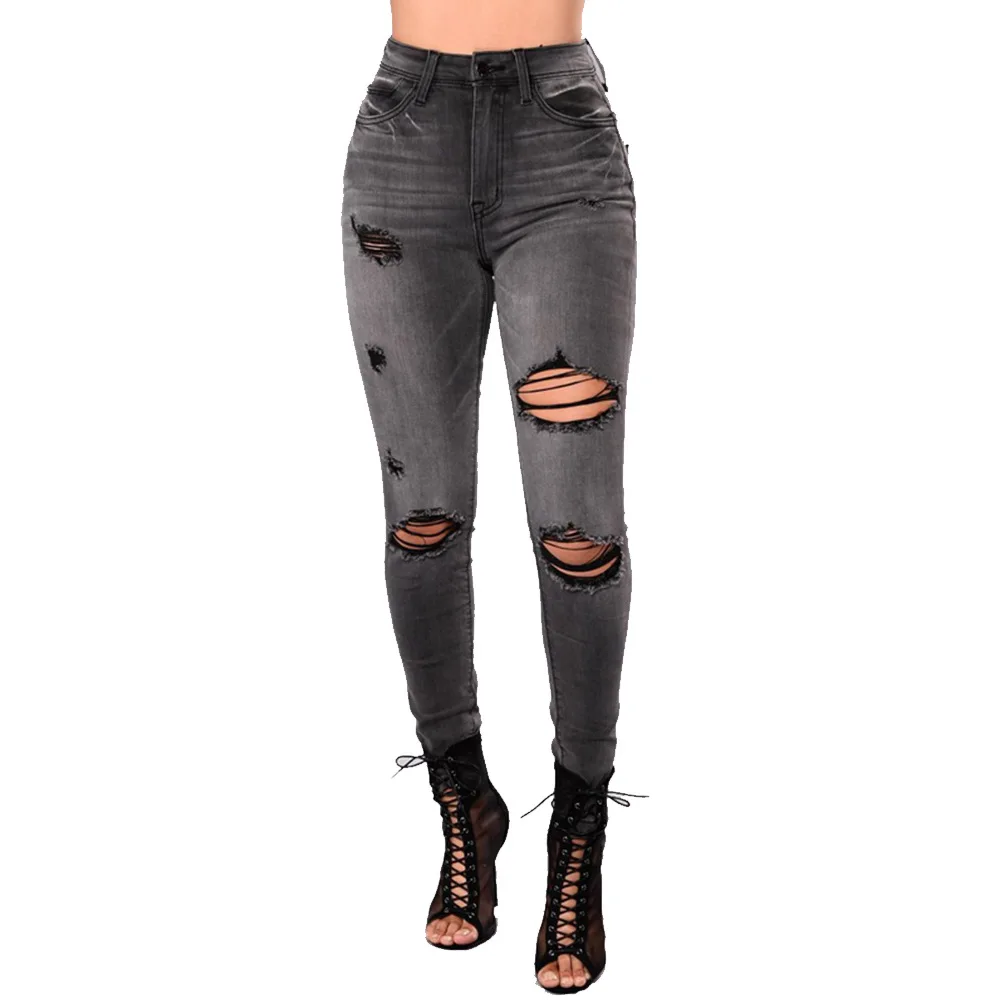Sexy Black Gray Jeans Women Destroyed Ripped Distressed Slim Denim