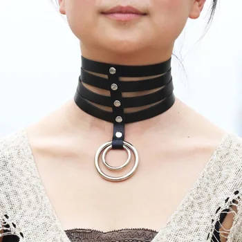 

Faux Leather Choker punk Goth Collar Necklace for women Metal Circle chocker bondage cosplay club party festival jewelry