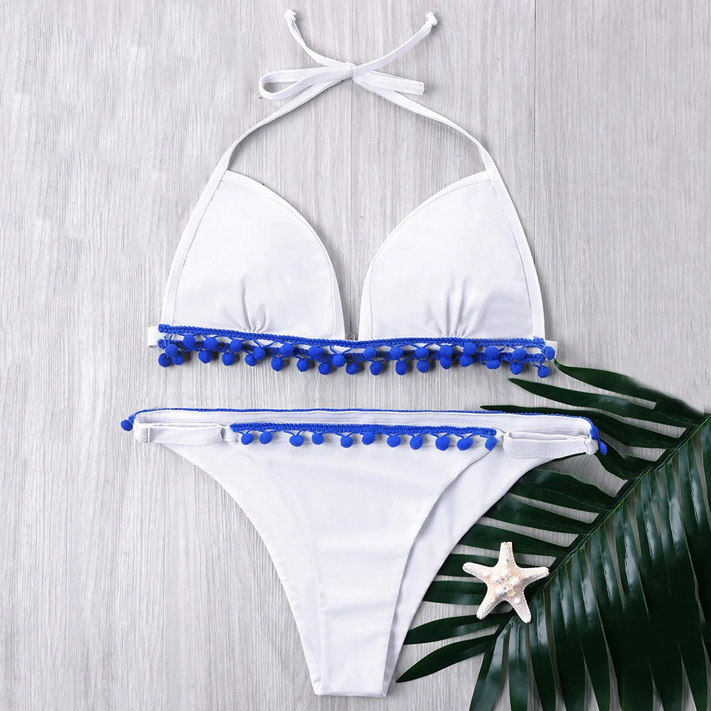 Women Swimwear Swimsuit Small Pom Pom Embellished Halter