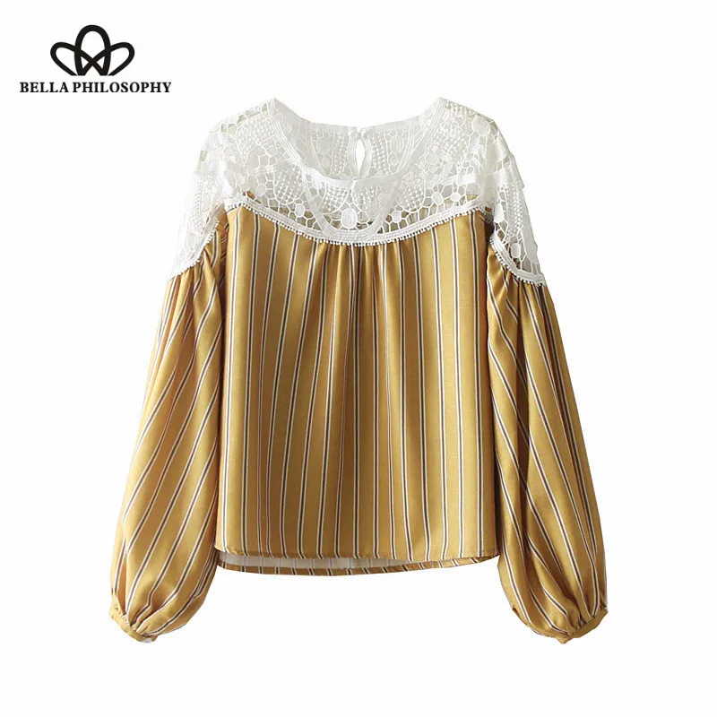 Wonder Women New Spring Lantern Sleeve Blouse Casual Lace Patchwork Female Striped Blouse Vintage Sweet Lady Loose Blouse Tops