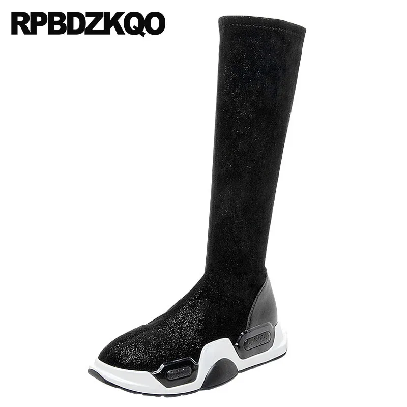 

lycra flatform muffin stretch women boots winter 2018 autumn shoes slip on slim knee high casual round toe long fall black suede