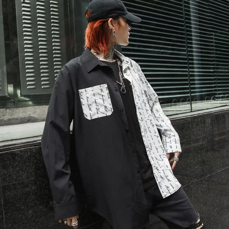 Asymmetric design punk rock hip hop men long shirt Korean fashion printed vintage shirts man harajuku casual blouse streetwear