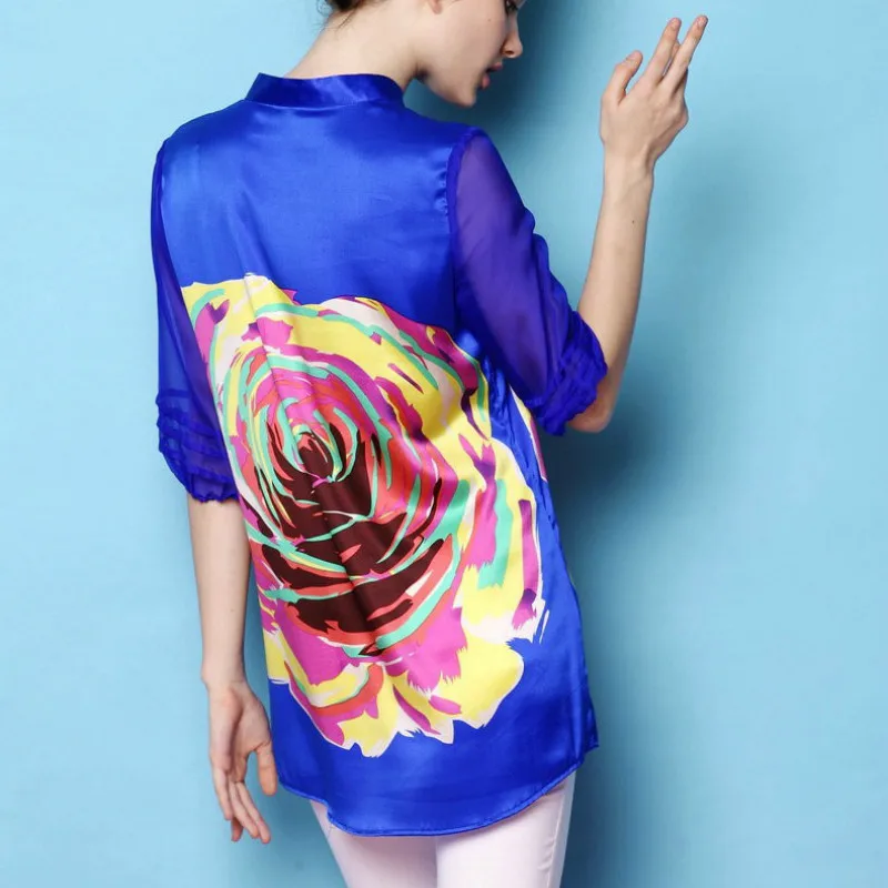 Été Chemise Filles 2018 Douce Blouses Pour Grands Chemises Manches Imprimé Moitié Chantiers De Mode Ladys Soie rouge Bleu Printemps q10rxX0wt