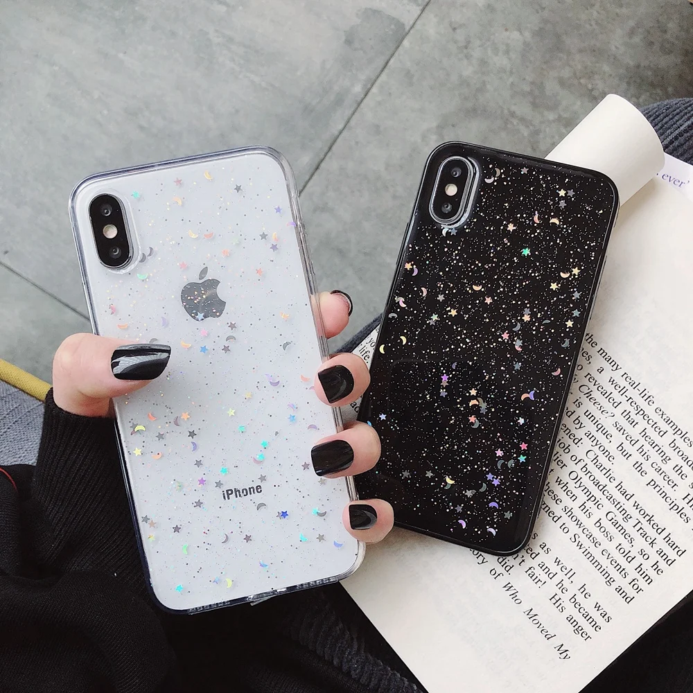 

For Apple iPhone 6 6s 7 8 Plus 11 Pro 10 X XS XR Max Bling Glitter Star Moon Sparkle Sequins Soft Clear Silicone TPU Case Cover