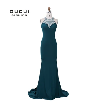 

Real Photo Sexy Halter Elegant Mermaid Evening Gown Diamond Back With Sweep Train Robe De Soiree Simple Abendkleider OL103191