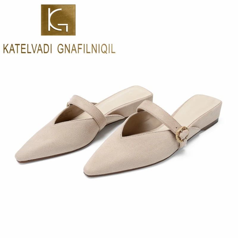 

KATELVADI Summer Flats Mules Lady Slippers Beige Flock Slip On Pointed Toe Outdoor Slipper Shoes Woman Slides K-404