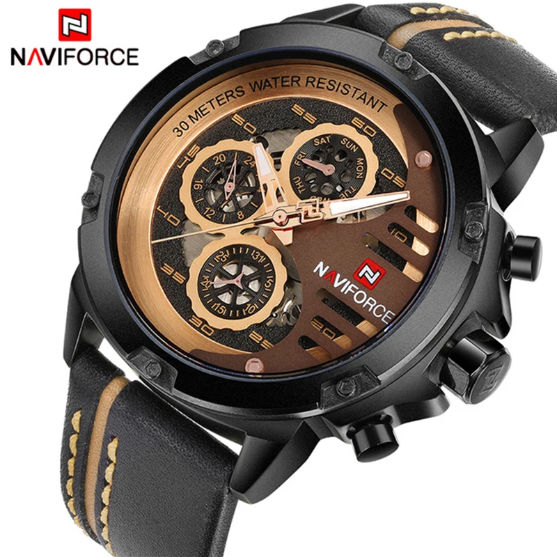 

NAVIFORCE Luxury Brand Men's Quartz Sports Watches Man Leather Hollow Face 24 Hour Date Clock Men Fashion Waterproof Wrist Watch