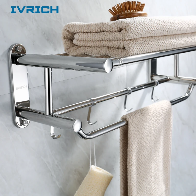 IVRICH الثابتة جولة اثنين طبقة منشفة رف العملي خطافات وعلاقات للملابس SUS304 غرامة الصلب مرآة مصقول سميكة تصميم SH003 IVRICH الثابتة جولة اثنين طبقة منشفة رف العملي خطافات وعلاقات للملابس SUS304 غرامة الصلب مرآة مصقول سميكة تصميم SH003