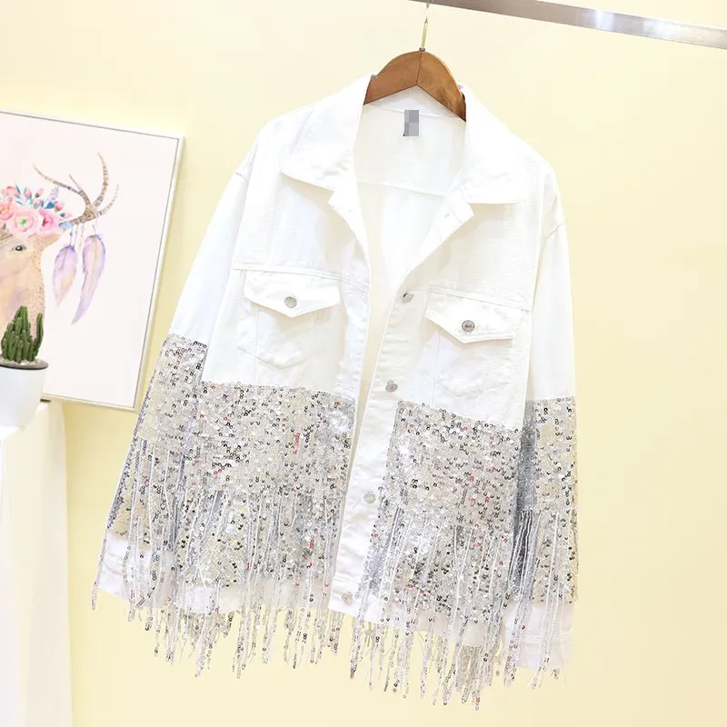 Women Autumn Sequin Tassel Denim Jacket Fashion Lapel Loose Oversized Coat Black White Jeans Jacket Basic Outerwear