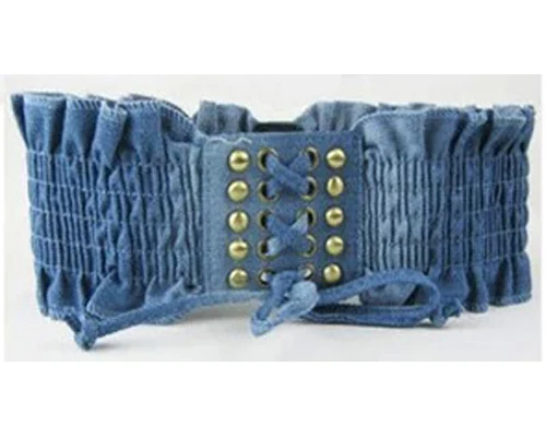 Женская мода деним заклепки кисточки эластичный стрейч корсет пояс(синий/черный) BLTLL0022 - Цвет: Light Blue