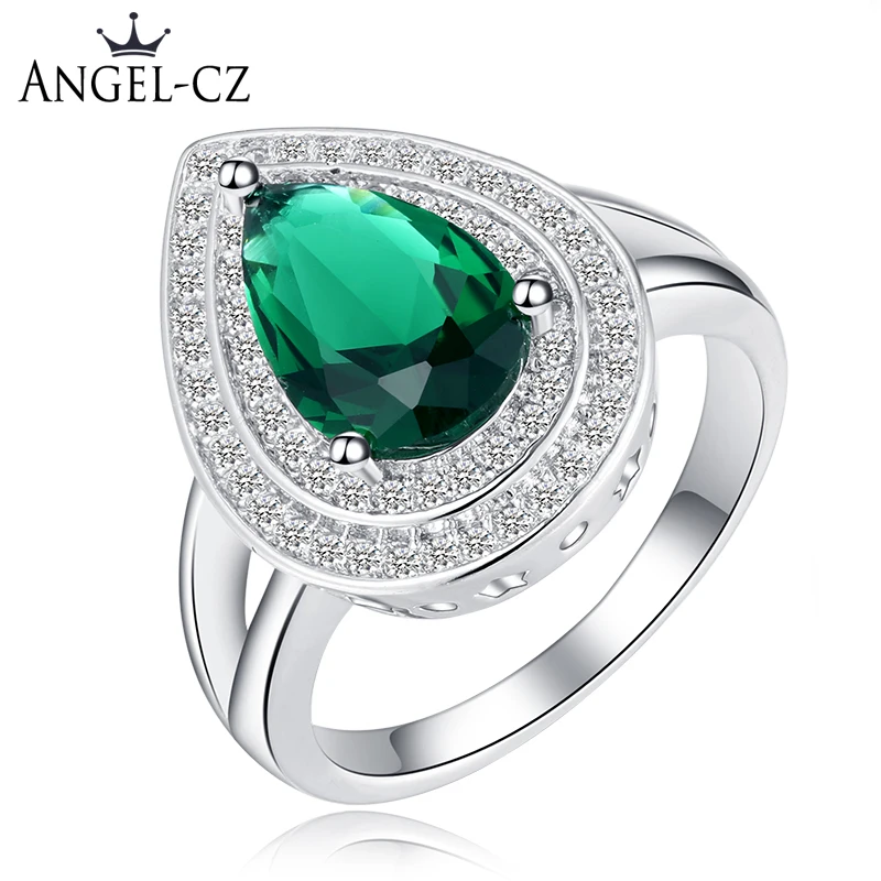 

ANGELCZ Elegant Female Evening Party Ring For Women Luxury Green Cubic Zirconia Stone Finger Jewelry With 925 Silver Stamp AR022