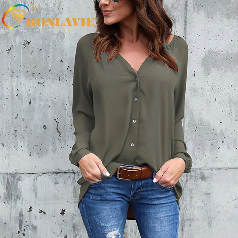 

Women Blouse Chiffon Shirt V-collar Pleated Button Long Sleeve Loose Solid Color White Pink Gray Office Ladies Blouse Plus Size
