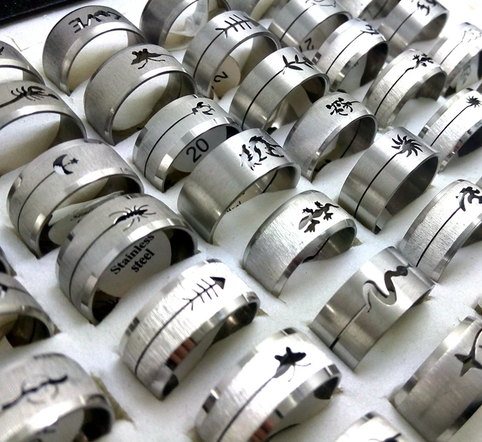 30pcs MIX Laser Cut Stainless Steel Rings 10MM Width Wholesale Men