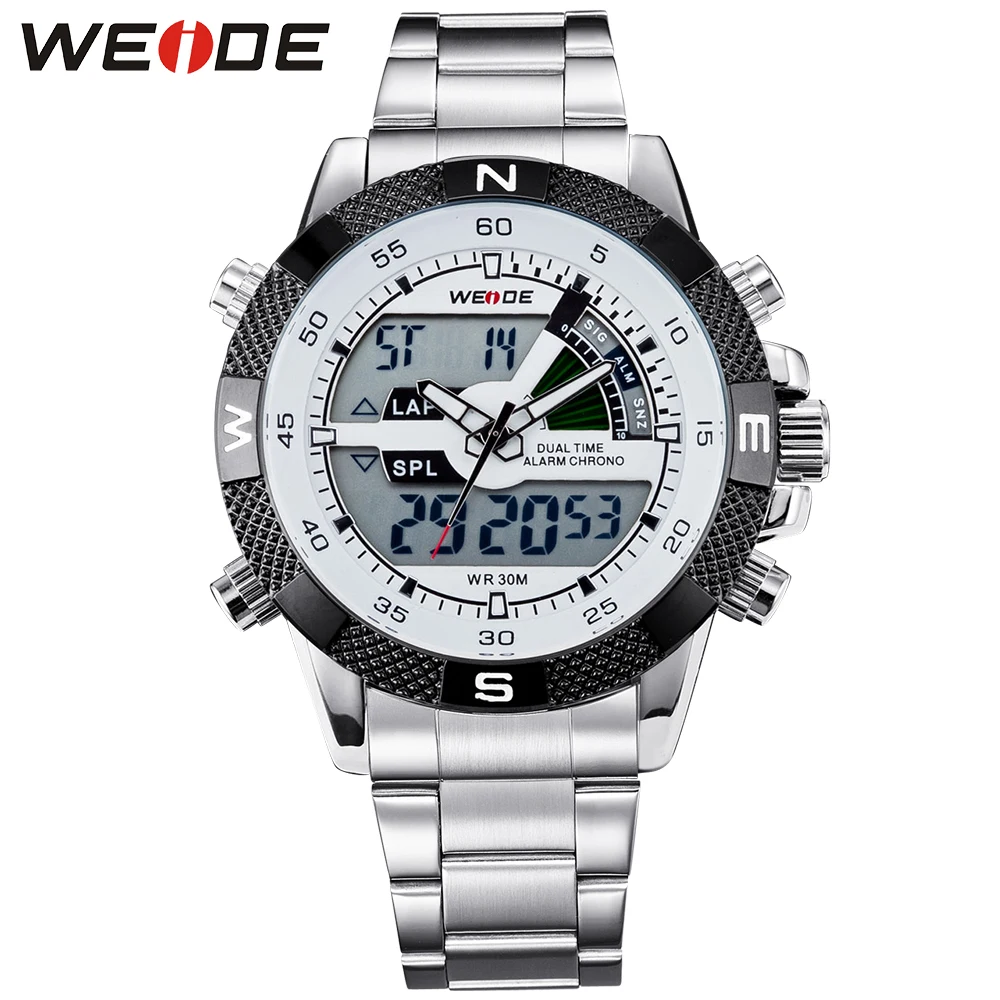 ФОТО WEIDE Brand Fashion Luxury Silver Stainless Steel Watch Men Dual Time Display Analog Quartz 3ATM Water Resistant Wrist Watch