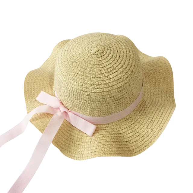 Girls Summer Cap Black Ribbon Decorate Wavy Straw Hat For Girls Children Panama Hat Kids Sun Cap Baby Beach Hats beige pink bow