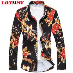 LONMMY 6XL 7XL гавайская рубашка мужская одежда уличная camisa социального цветок мужские рубашки цветочный птица мода с длинным рукавом blusas