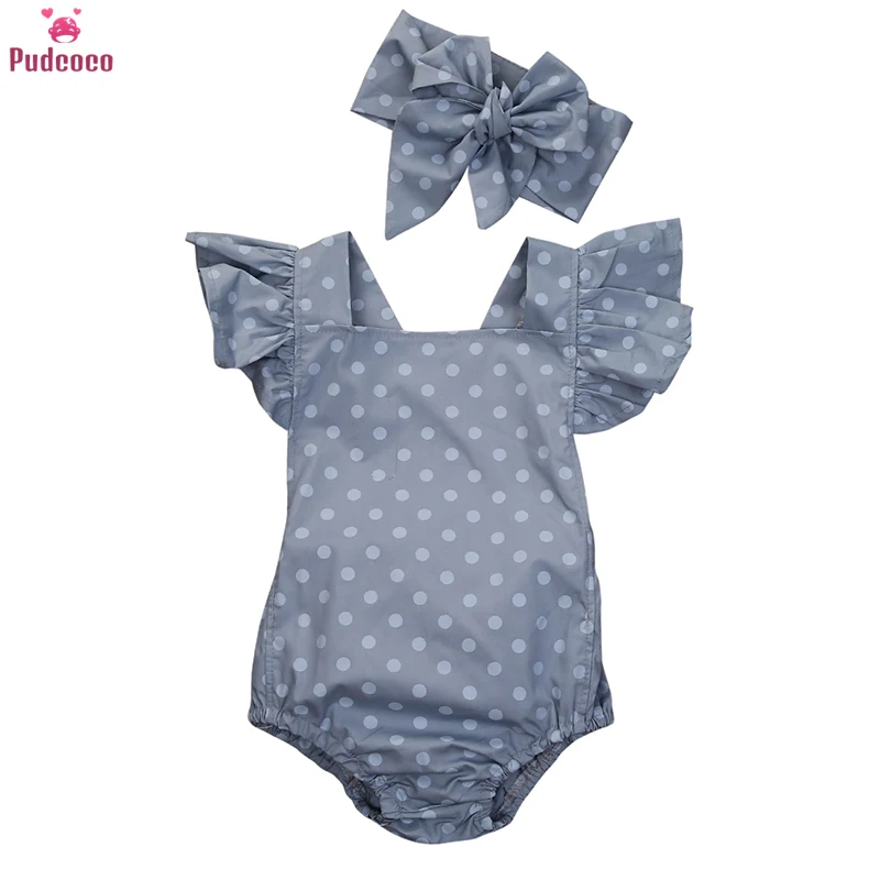Summer Cute Newborn Clothes Baby Girl Rompers Ruffle Polka Dot Sleeveless One Piece Jumpsuit Headband Ropa