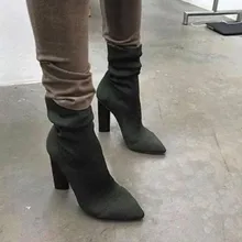 Зеленые весенние ботильоны с острым носком; Модные женские ботильоны на высоком толстом каблуке