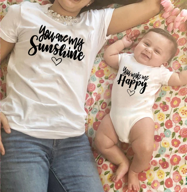 

Mom and Baby Matching Clothes Family Look 2019 You Are My Sunshine You Are My Happy Kids Bodysuit + Mommy Family Tshirt