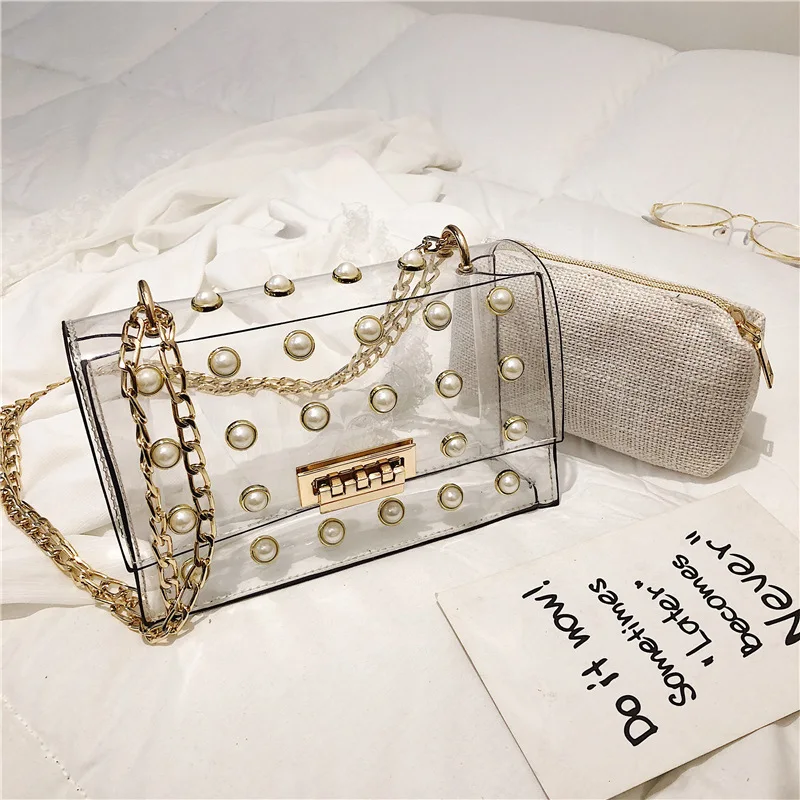 

Transparent Jelly Bag For Women 2019 Luxury Handbags Women Bags Designer Pearl Rivet Bag Fashion Mini Shoulder Bags Sac A Main