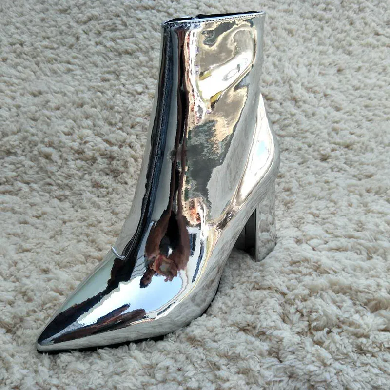 HZXINLIVE/серебристые, золотистые женские ботильоны; ботинки с острым носком на не сужающемся книзу высоком массивном каблуке; зеркальные женские туфли-лодочки; пикантные женские зимние ботинки