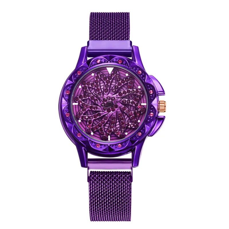 Элегантные женские часы, модные, новинка, 360 градусов, вращающийся на удачу, Металлический Стальной ремешок, кварцевые наручные часы, женские часы-браслет, часы# B - Цвет: Фиолетовый
