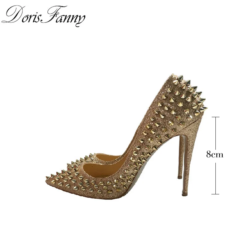 DorisFanny/женские туфли на высоком каблуке с шипами и заклепками; Цвет серебристый, золотистый; коллекция года; туфли на шпильке; большие размеры 34-45 - Цвет: gold 8cm
