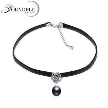 

Fashion leather necklace women,trendy choker necklace with natural freshwater pearl pendant party gift