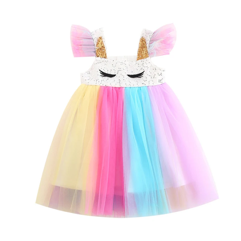 Sweet Rainbow Candy Girls Birthday Tutu Dress Children Kids Cute Colorful Balls Bow Cake Cosplay Tulle Sequins Princess | Детская одежда